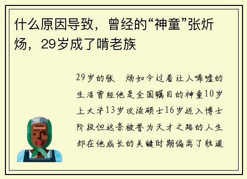 什么原因导致，曾经的“神童”张炘炀，29岁成了啃老族