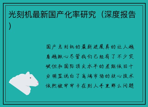 光刻机最新国产化率研究（深度报告）