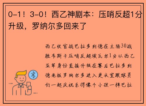 0-1！3-0！西乙神剧本：压哨反超1分升级，罗纳尔多回来了